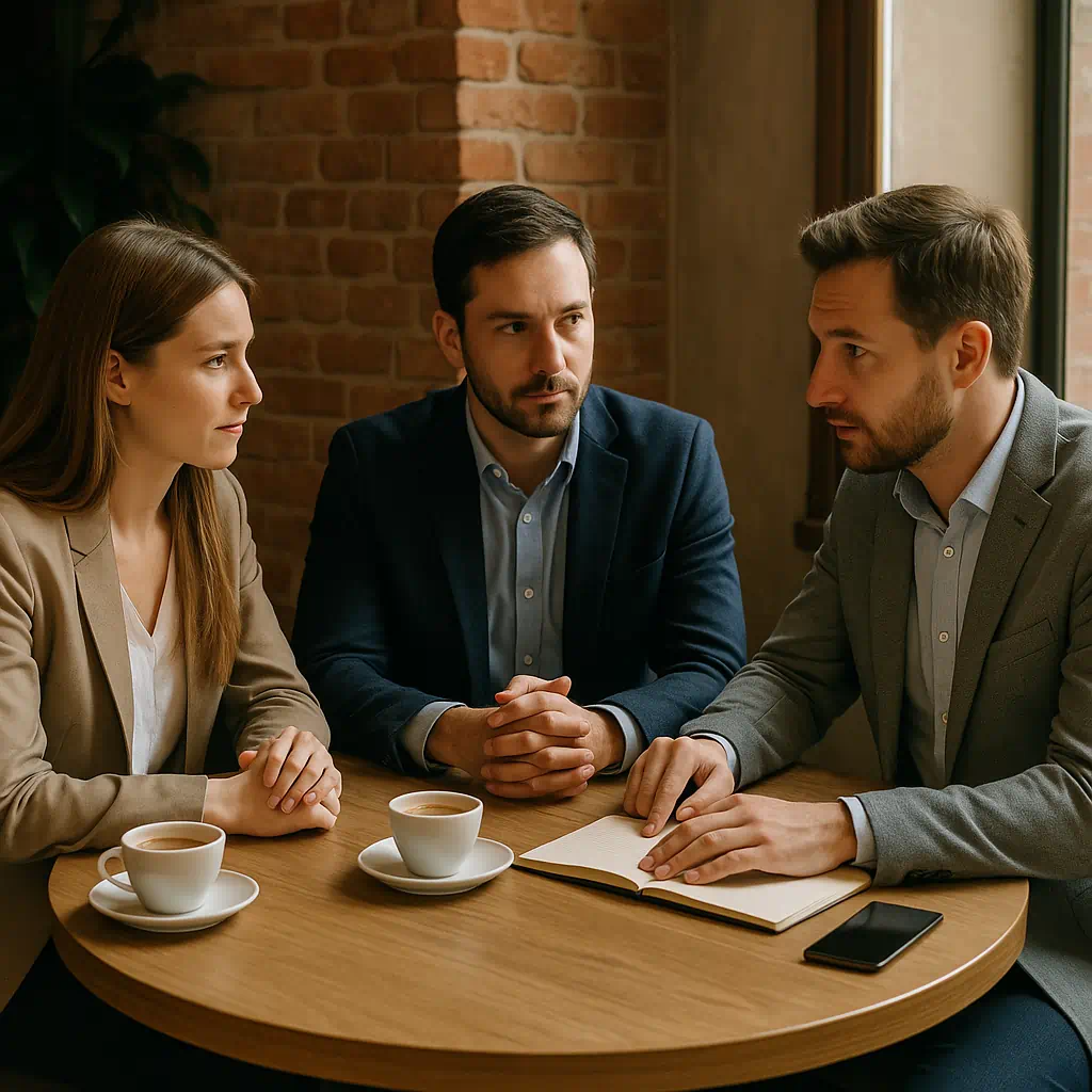 Actores profesionales planean discretamente una coartada en un café, mostrando preparación, realismo y trabajo en equipo.
