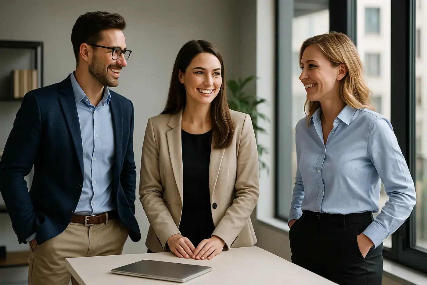 Tres personas en ropa business-casual conversan de forma relajada en una oficina moderna, representando colegas pero en realidad son actores, simbolizando el poder de las apariencias.