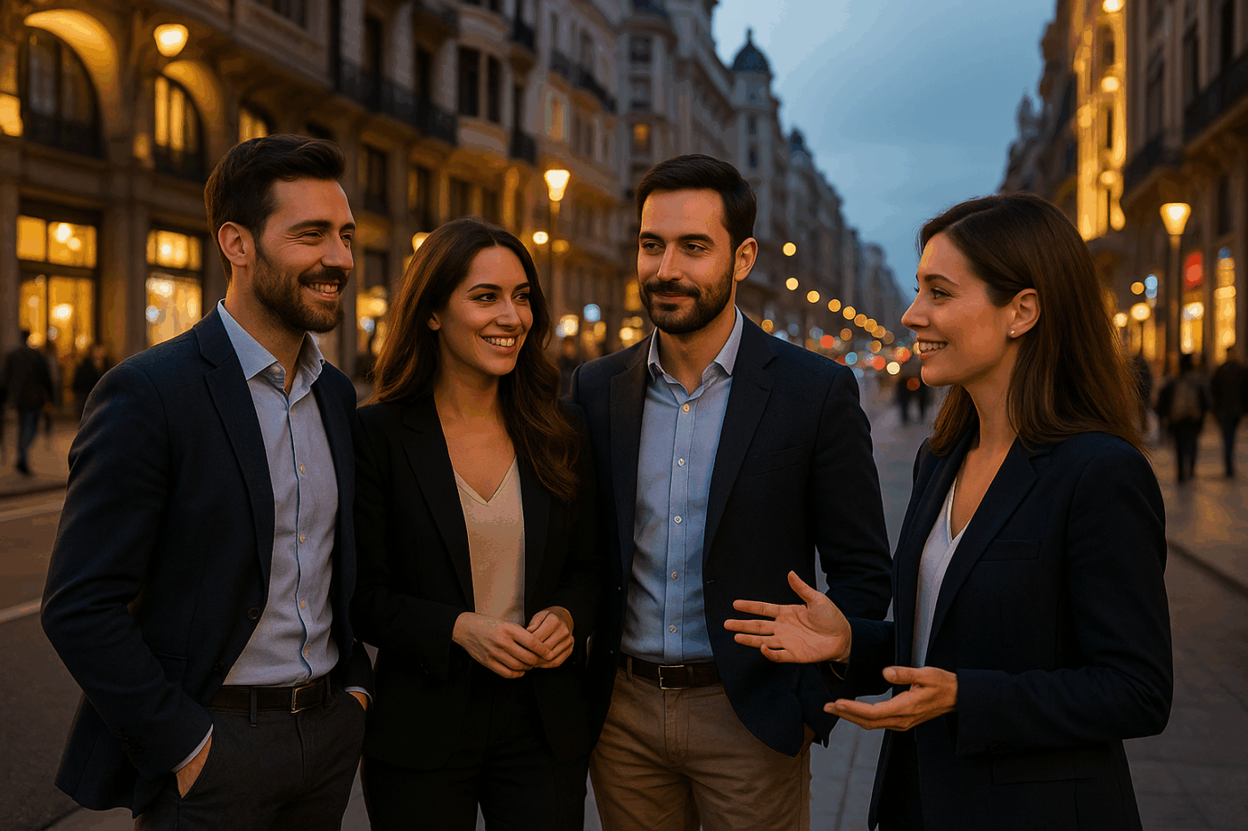 Grupo diverso de profesionales en ropa business-casual conversando en una calle iluminada de Madrid o Barcelona por la noche, simbolizando la presencia elegante y auténtica de la Agencia Coartadas en España.