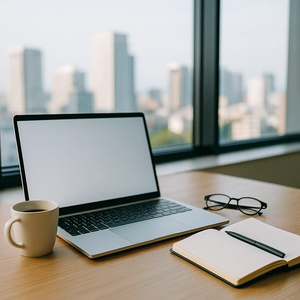 Escritorio moderno con portátil, café, cuaderno y gafas frente a ventana con vistas urbanas, simbolizando transparencia y profesionalidad legal.