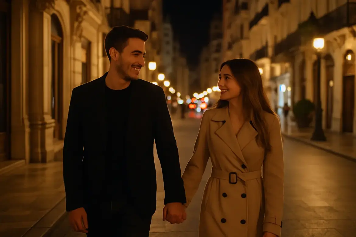 Pareja joven caminando de la mano por una calle elegante en Valencia iluminada de noche, simbolizando una cita secreta y momentos protegidos.
