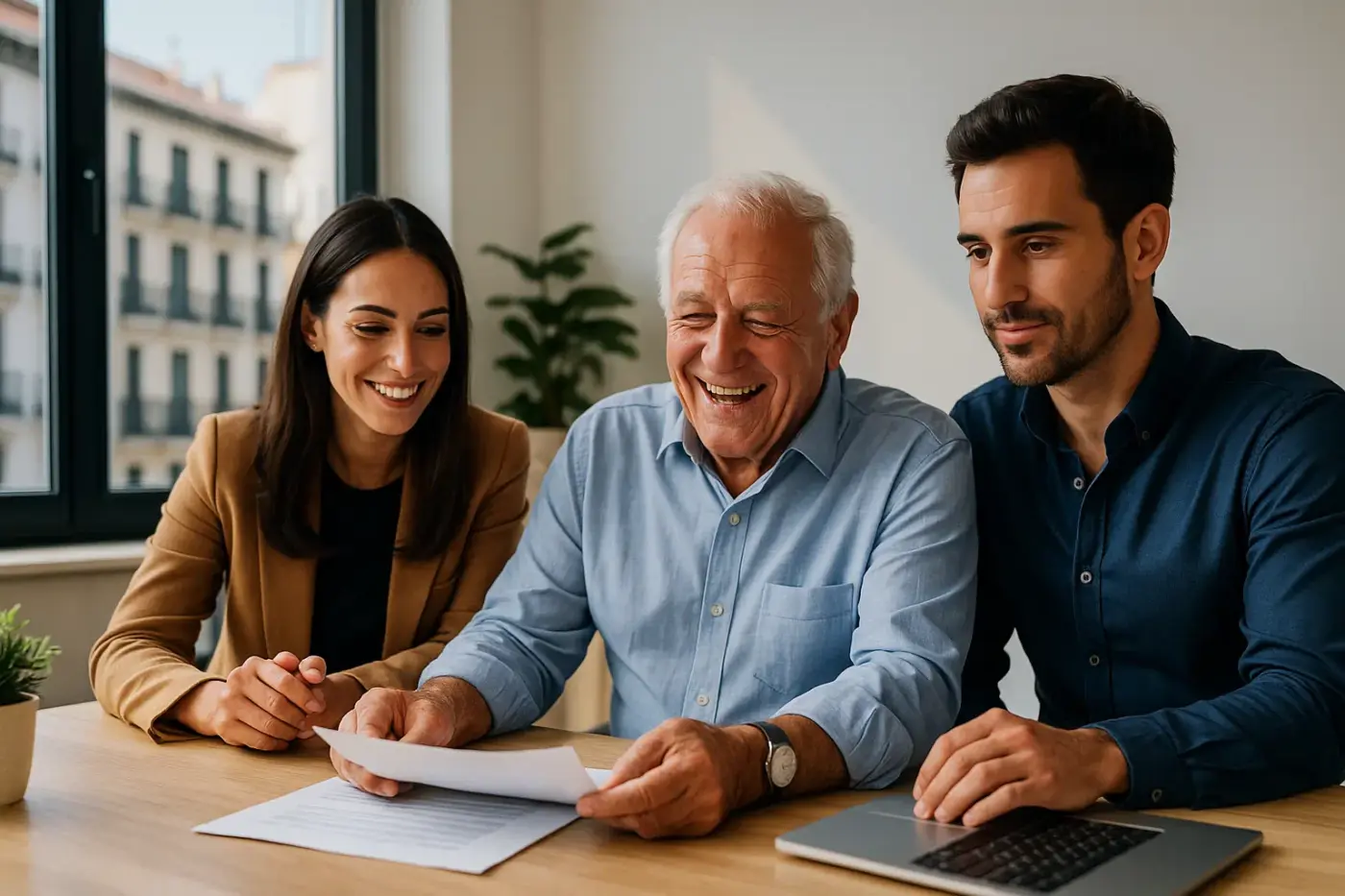 Cliente mayor sonriente en una oficina luminosa en España junto a dos asesores jóvenes, simbolizando confianza, cercanía y profesionalidad de la Agencia Coartadas.