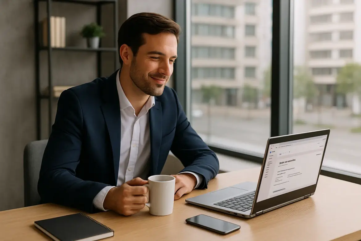 Hombre elegante en oficina moderna con portátil mostrando confirmación de reserva de hotel, simbolizando una coartada profesional segura y confiable.