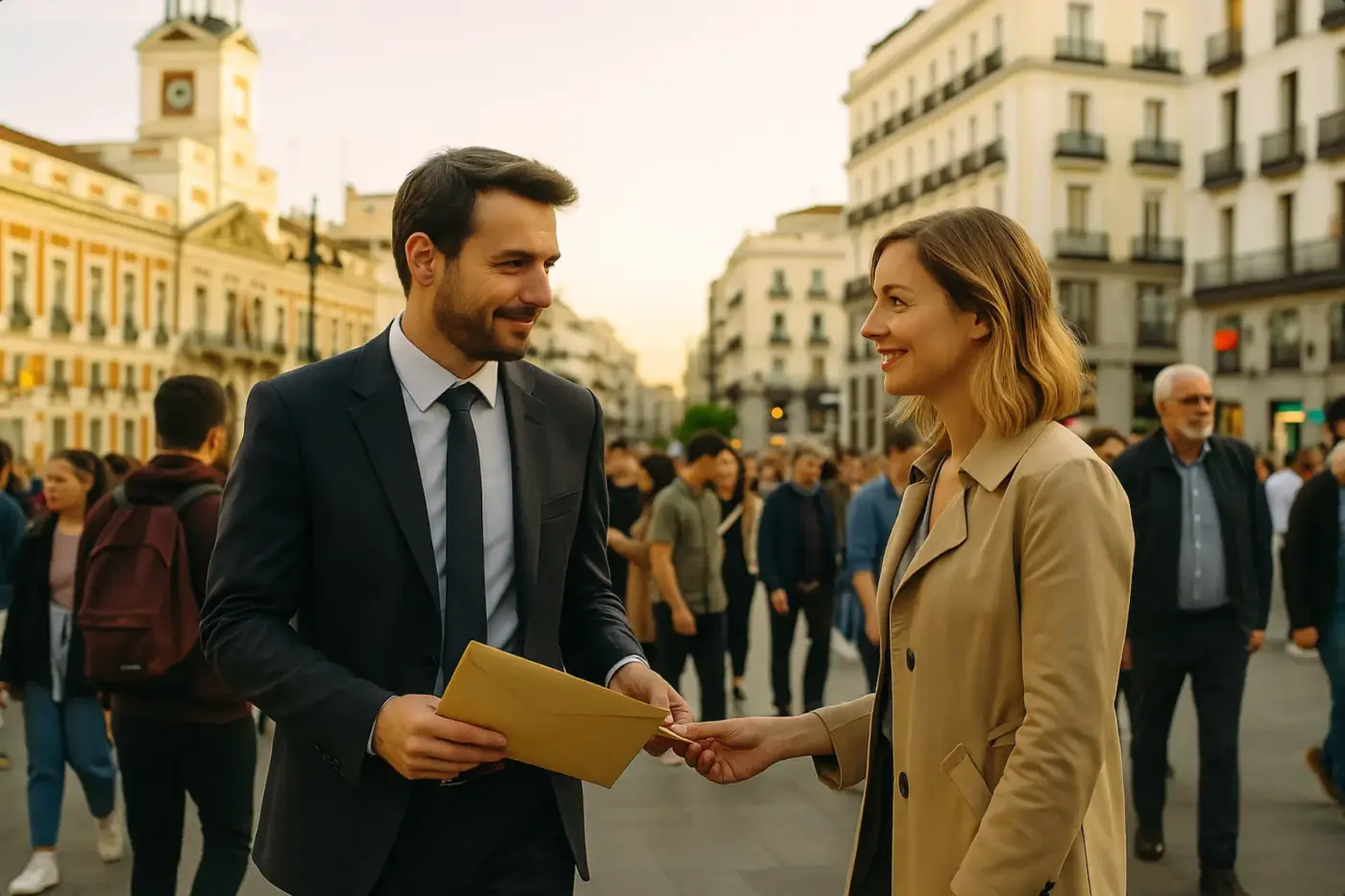 Dos personas intercambian una mirada cómplice y un sobre en medio de la multitud en la Puerta del Sol de Madrid, simbolizando discreción y creatividad en coartadas profesionales.