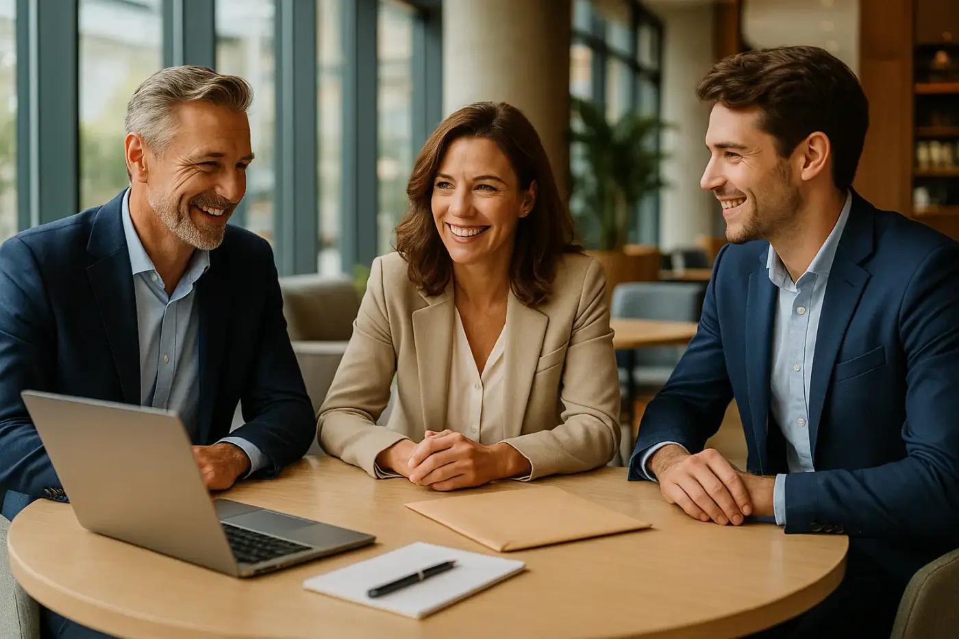 Tres profesionales sonríen y planean discretamente en una sala luminosa con portátil y documentos, transmitiendo elegancia, confianza y que solo la fantasía pone límites para Coartadas profesionales.
