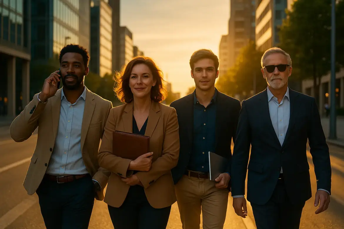 Equipo diverso de profesionales camina con confianza por una ciudad moderna al atardecer, simbolizando creatividad, discreción y que solo la fantasía pone límites.