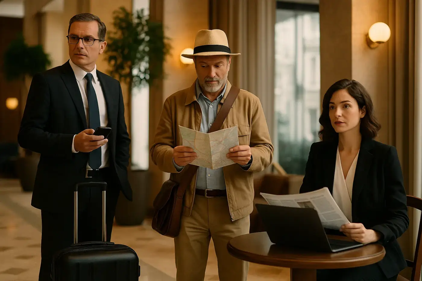 Tres actores interpretan distintos papeles en el lobby de un hotel: un ejecutivo, un turista y una periodista, simbolizando la versatilidad y creatividad de las coartadas profesionales.