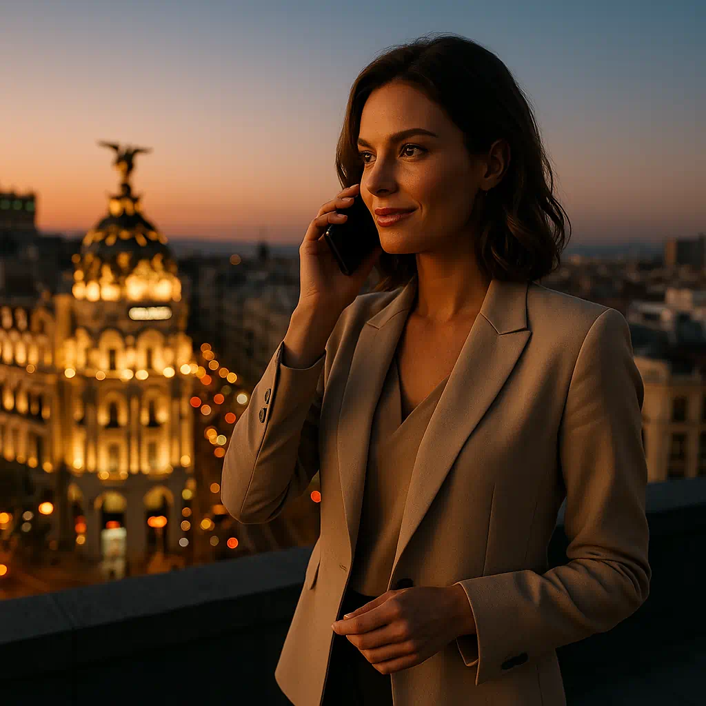 Mujer elegante en una azotea de Madrid al atardecer hablando por el móvil, transmitiendo discreción, poder y creatividad en coartadas profesionales.