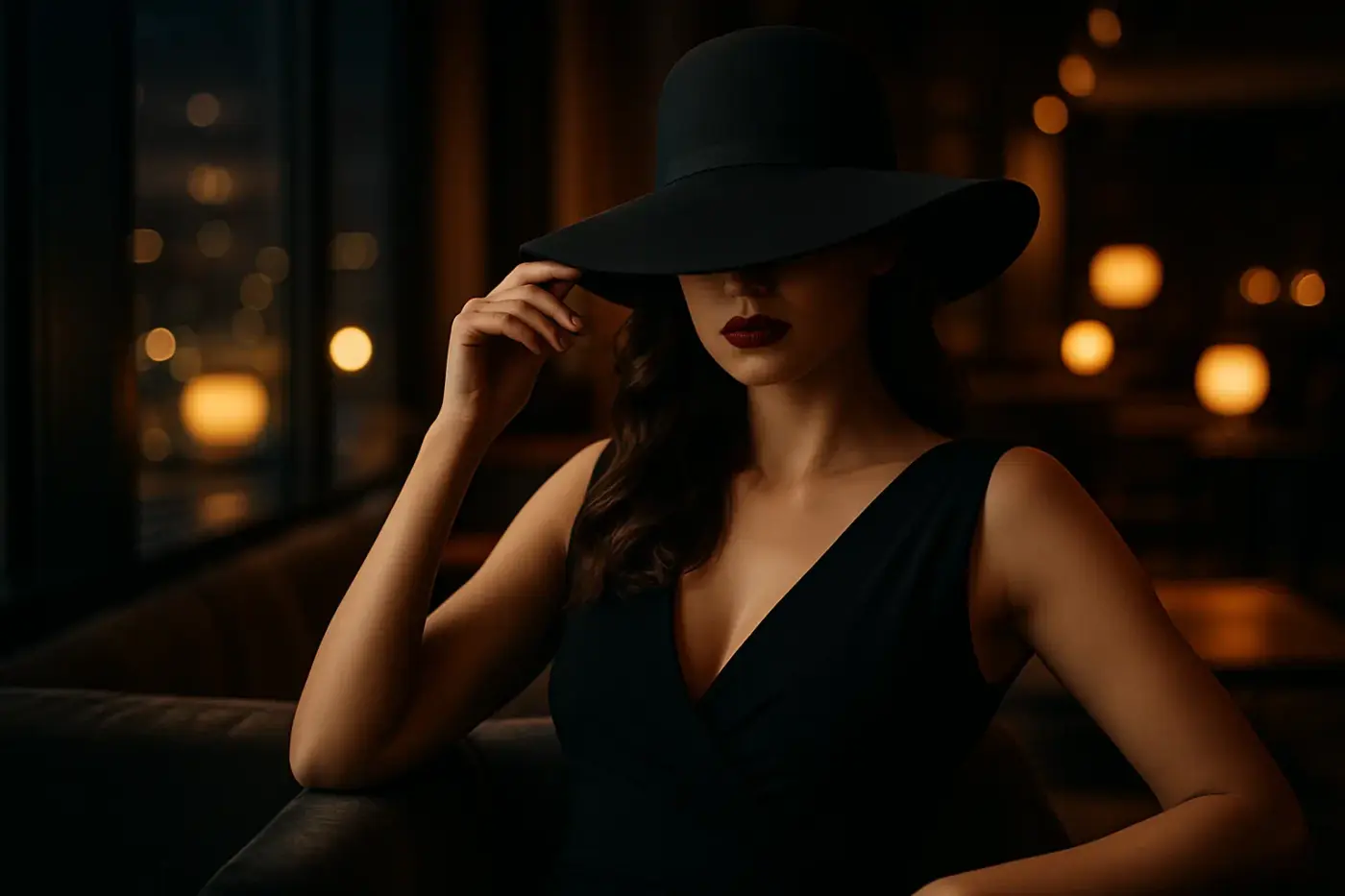Mujer elegante y misteriosa con sombrero negro en un lounge iluminado, su rostro parcialmente oculto, simbolizando la discreción y el secreto de Coartadas.