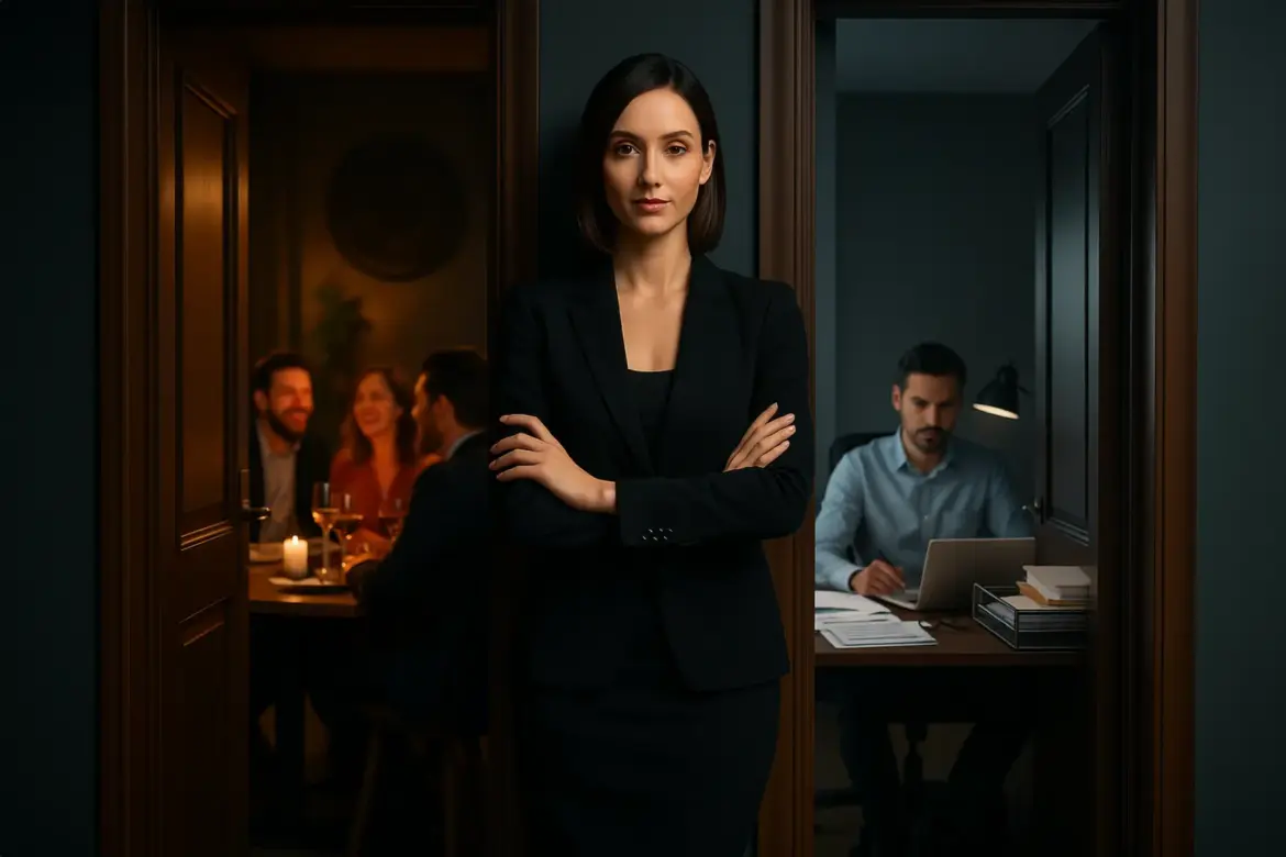 Mujer elegante de pie entre dos puertas: a la izquierda una cena animada con amigos, a la derecha una oficina con documentos y ordenador, simbolizando las coartadas personales de la Agencia Coartadas.