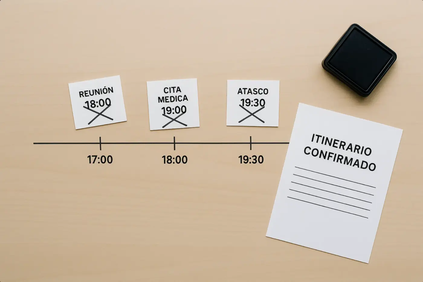 Línea temporal con tarjetas de excusas tachadas y un itinerario confirmado, representando el paso de una excusa improvisada a una coartada creíble.
