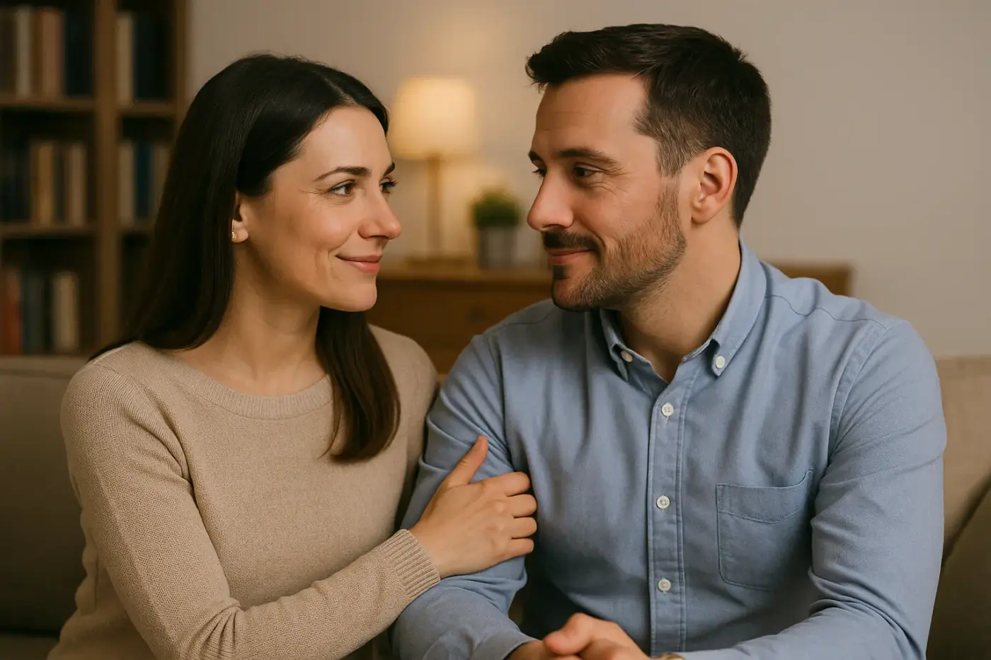 Pareja sonriente y tranquila sentada en el sofá después de un detector de mentiras falso, transmitiendo confianza recuperada y armonía en la relación.