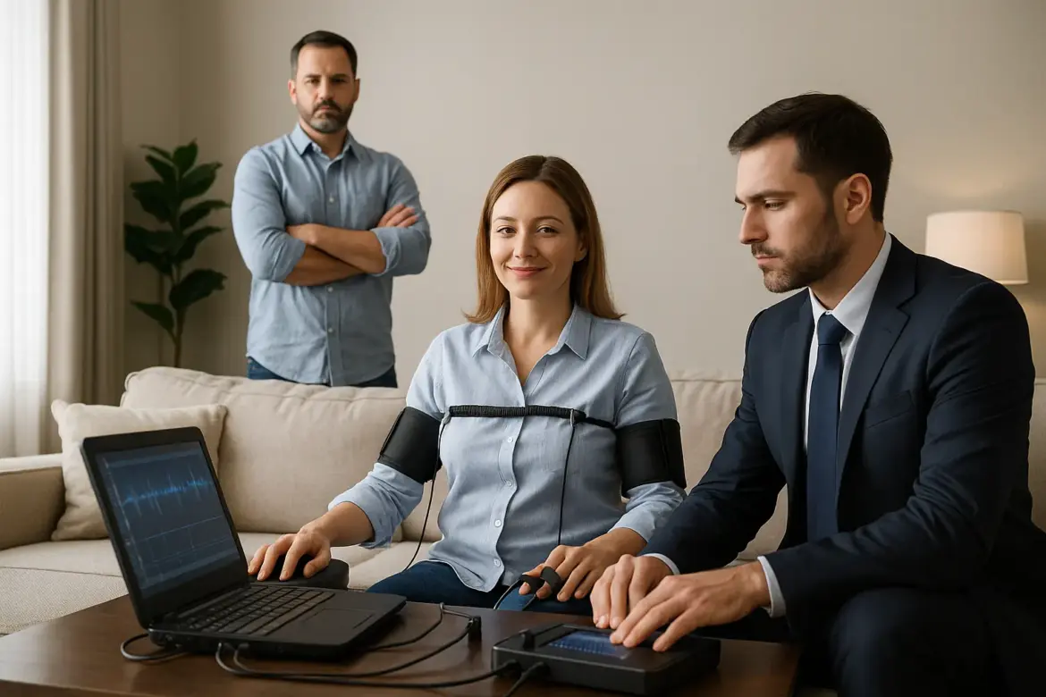 Mujer sometida a un detector de mentiras falso en el salón, tranquila y con una leve sonrisa, mientras su esposo observa con los brazos cruzados; escena convincente y profesional.