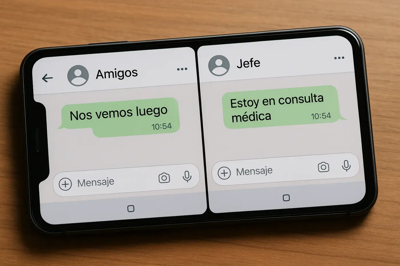 Teléfono móvil con dos chats paralelos – símbolo de excusas creíbles en diferentes contextos.