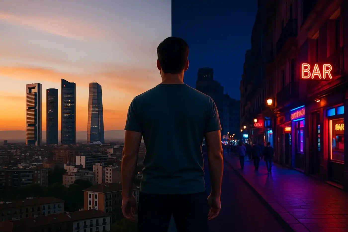 Hombre de espaldas conecta dos mundos en Madrid: a la izquierda la ciudad de día con rascacielos de negocios, a la derecha la vida nocturna con bares y luces de neón, simbolizando el equilibrio de una doble vida.