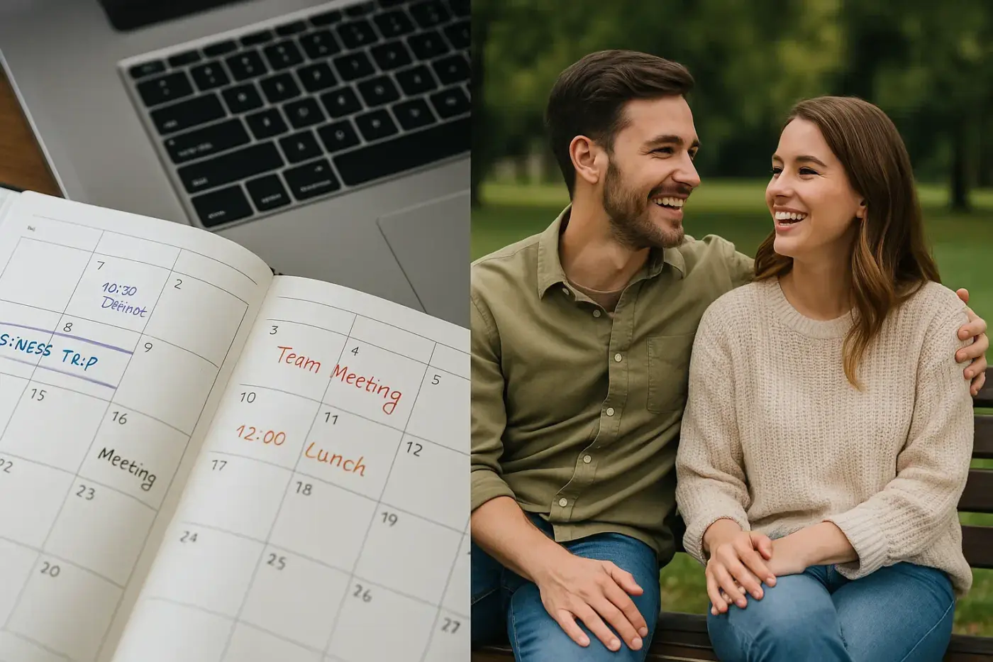 Imagen dividida en dos escenas: un calendario lleno de citas y, al lado, una pareja sonriendo en un banco del parque, simbolizando la libertad frente a las obligaciones.