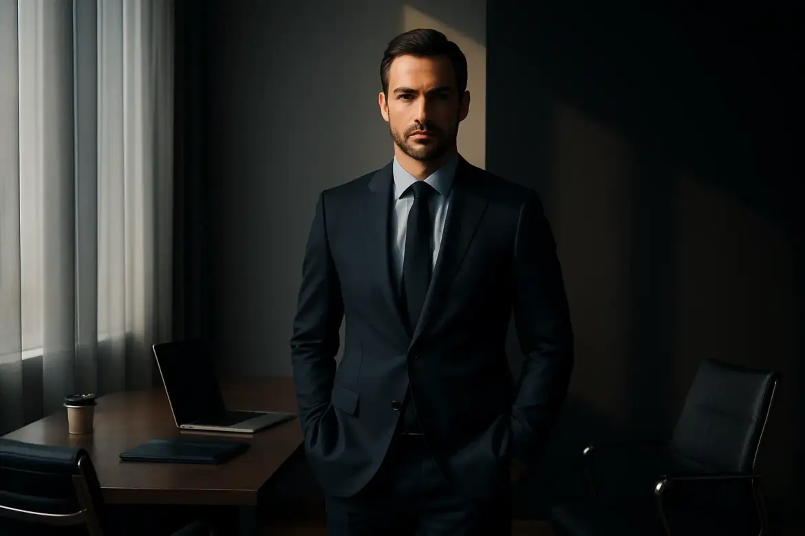 Hombre elegante en traje oscuro de pie en una oficina, iluminado a medias por la luz y la sombra, simbolizando la dualidad entre realidad y narrativa en el servicio de coartadas profesionales.