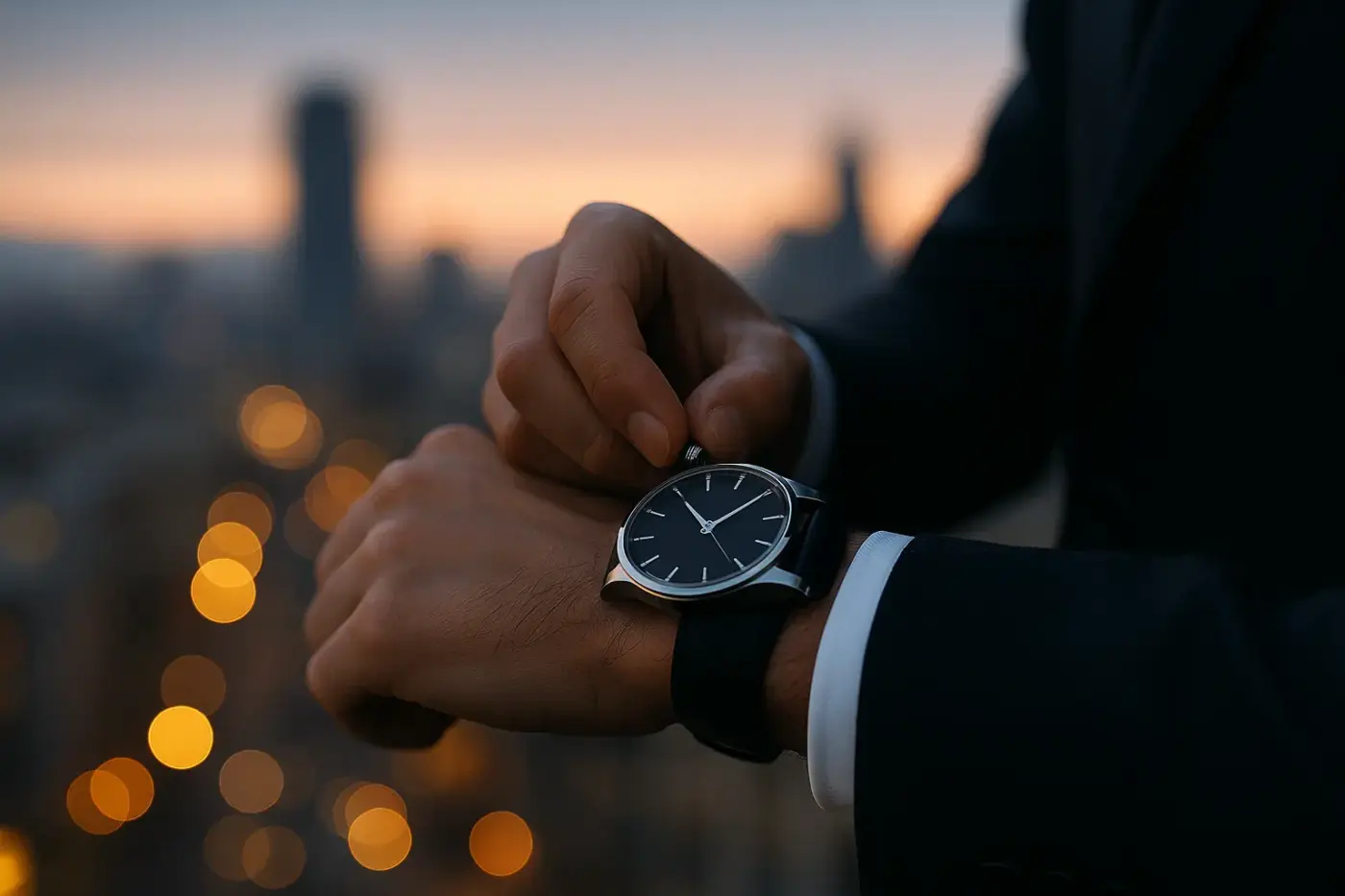 Primer plano de una mano ajustando un reloj de pulsera elegante con la silueta iluminada de Madrid al fondo, simbolizando tiempo propio y control absoluto en la Agencia Coartadas.
