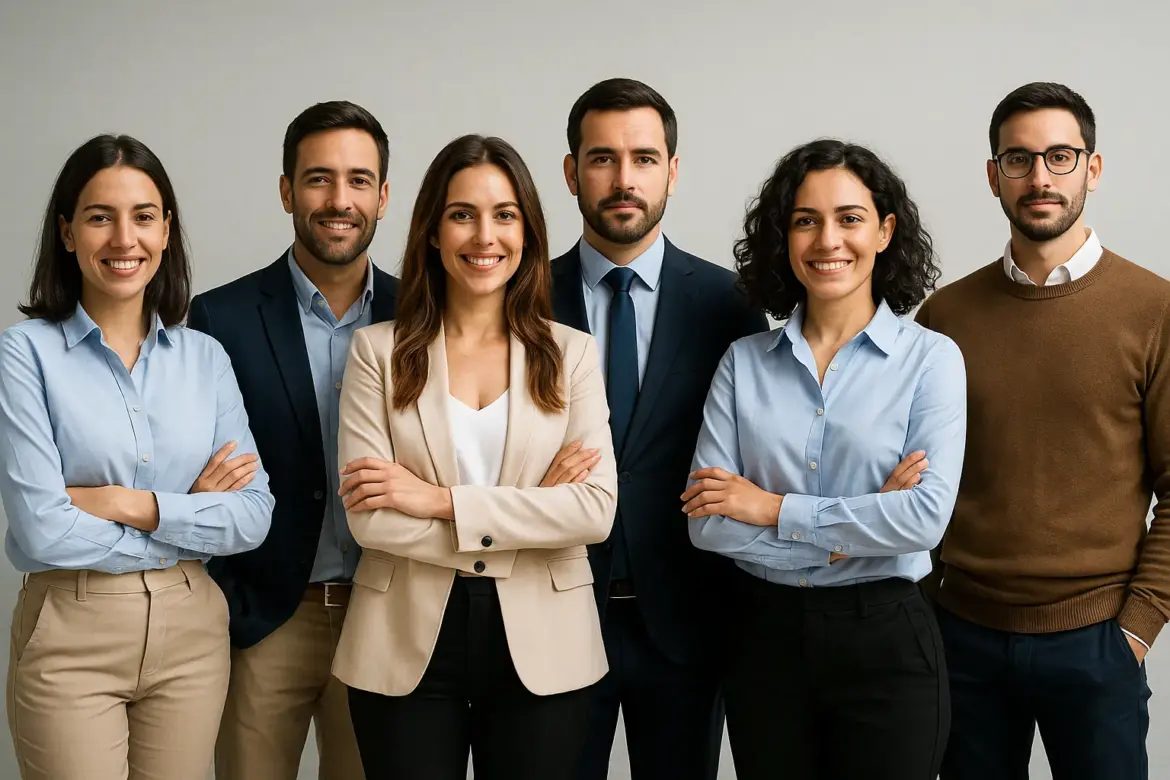 Seis personas españolas de diferentes edades y estilos posan juntas como un equipo moderno y profesional, simbolizando la diversidad y la confianza de la agencia.