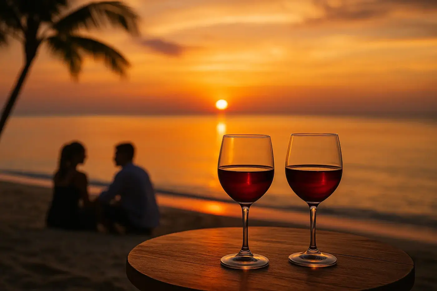 Dos copas de vino sobre una mesa en la playa al atardecer con una pareja en silueta, simbolizando coartadas para viajes, una escapada romántica y la libertad de ausencias prolongadas.