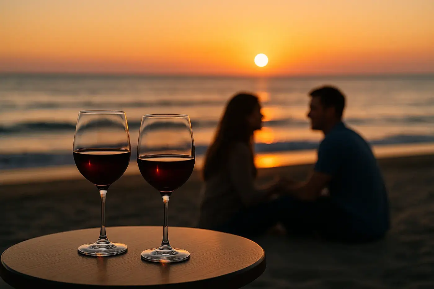 Dos copas de vino en una mesa frente al mar al atardecer, con la silueta de una pareja en la playa disfrutando de una escapada romántica.