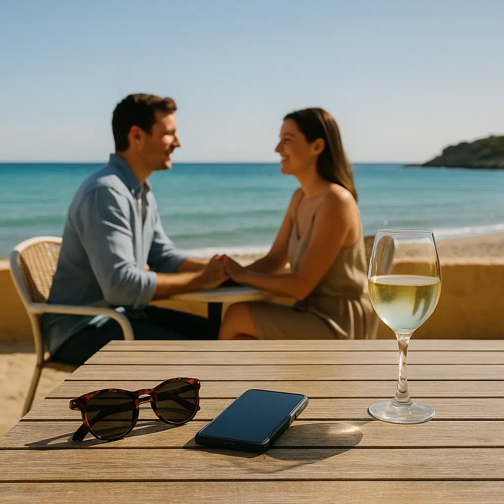 Pareja relajada en un café frente al mar con gafas de sol, móvil y copa de vino en la mesa, simbolizando libertad y discreción en una escapada.