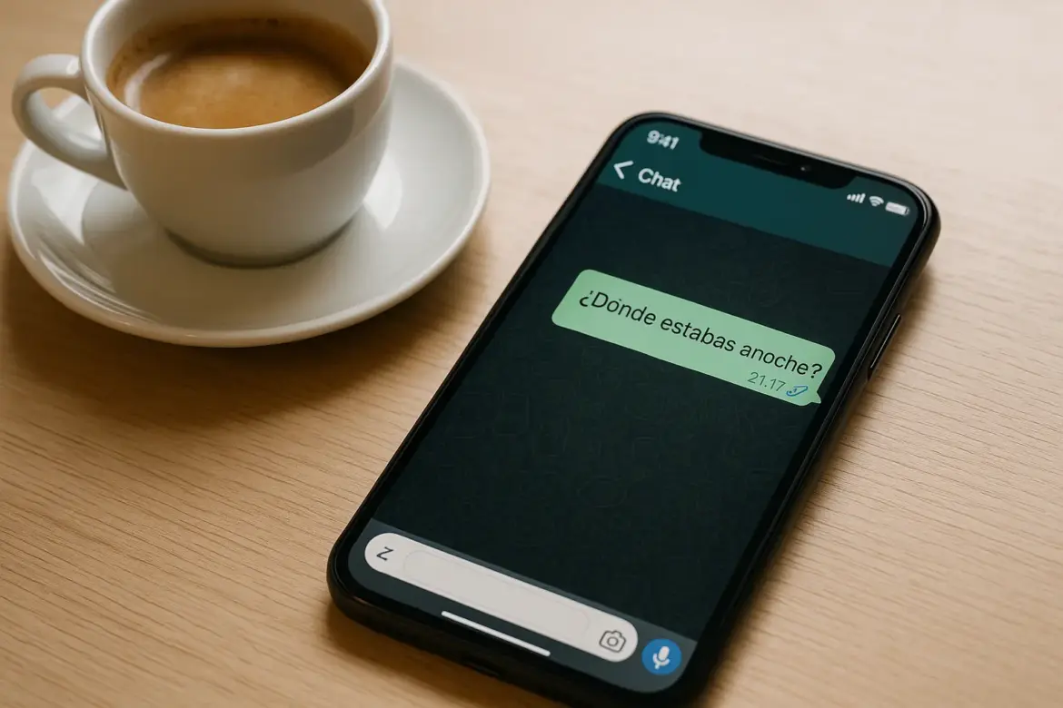 Smartphone sobre una mesa con un chat de WhatsApp que muestra el mensaje “¿Dónde estabas anoche?” con doble check azul, junto a una taza de café, simbolizando la presión de las excusas digitales.
