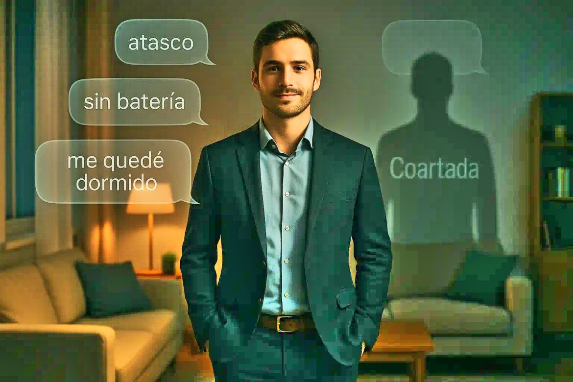 Hombre elegante en un salón moderno rodeado de burbujas de chat con excusas como “atasco”, “sin batería” y “me quedé dormido”, mientras su sombra proyecta la palabra “Coartada”.