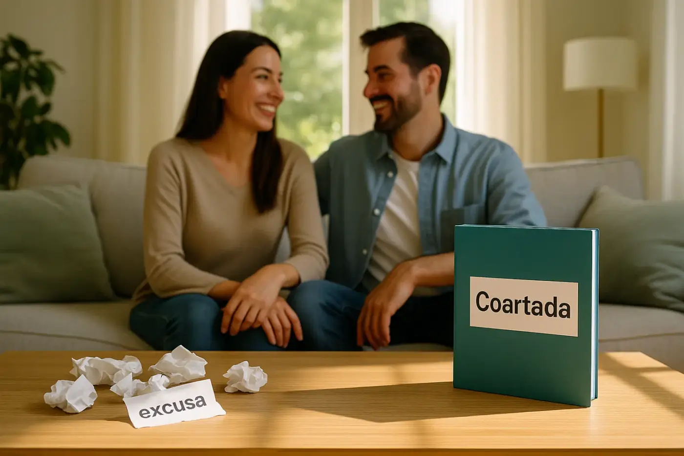 Pareja feliz en un salón soleado, con papeles arrugados que dicen “excusa” y un archivador ordenado con la palabra “Coartada”, simbolizando paz y armonía gracias a coartadas profesionales.