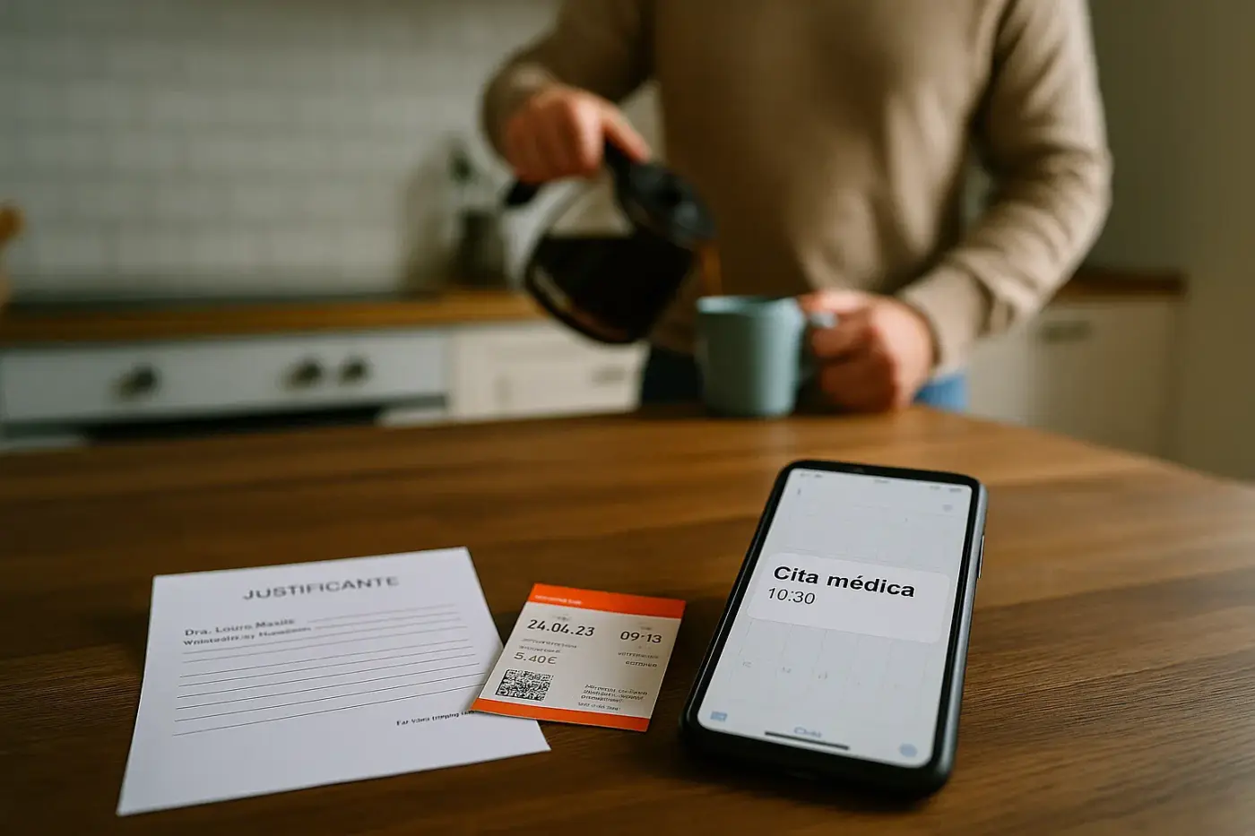 Mesa con justificante médico, billete y calendario en móvil – símbolo de excusas creíbles y con pruebas.