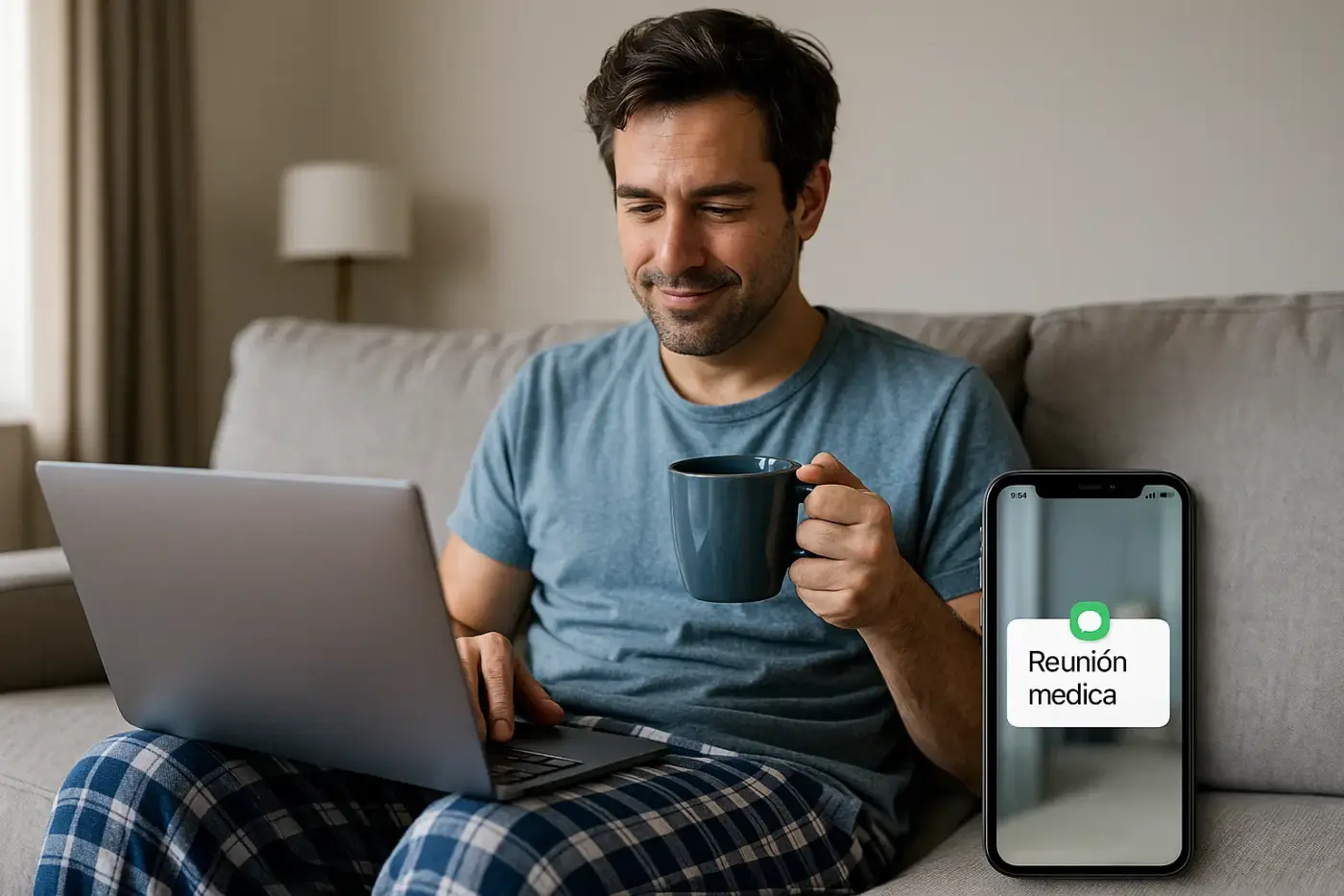 Hombre relajado en casa con portátil y café – símbolo de excusas para faltar al trabajo creíbles y sin levantar sospechas.