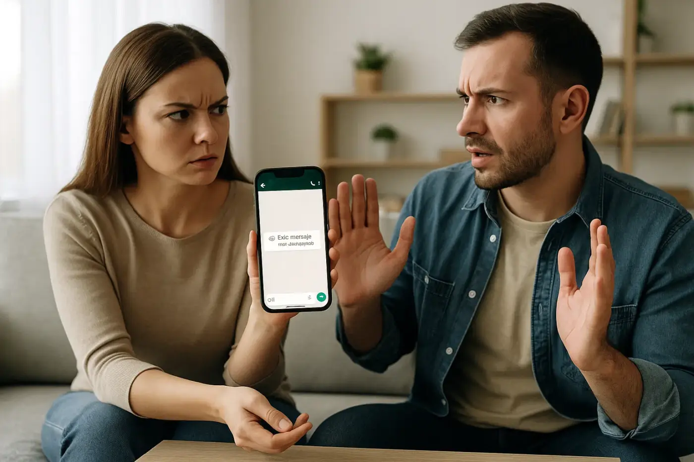 Mujer molesta muestra en su móvil el mensaje de WhatsApp “Este mensaje fue eliminado” mientras su pareja se defiende con gesto preocupado, simbolizando discusiones por mensajes borrados.