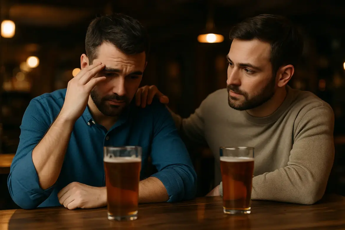 Dos amigos sentados en un bar, uno apoya con la mano en el hombro al otro mientras bebe cerveza, simbolizando la excusa social de ayudar a un amigo en apuros.