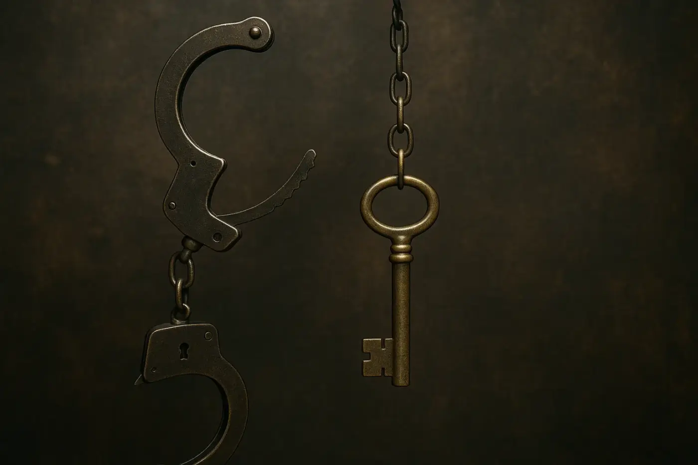 Primer plano de una llave antigua colgando junto a unas esposas abiertas, simbolizando la coartada como llave hacia la libertad personal en la pareja.