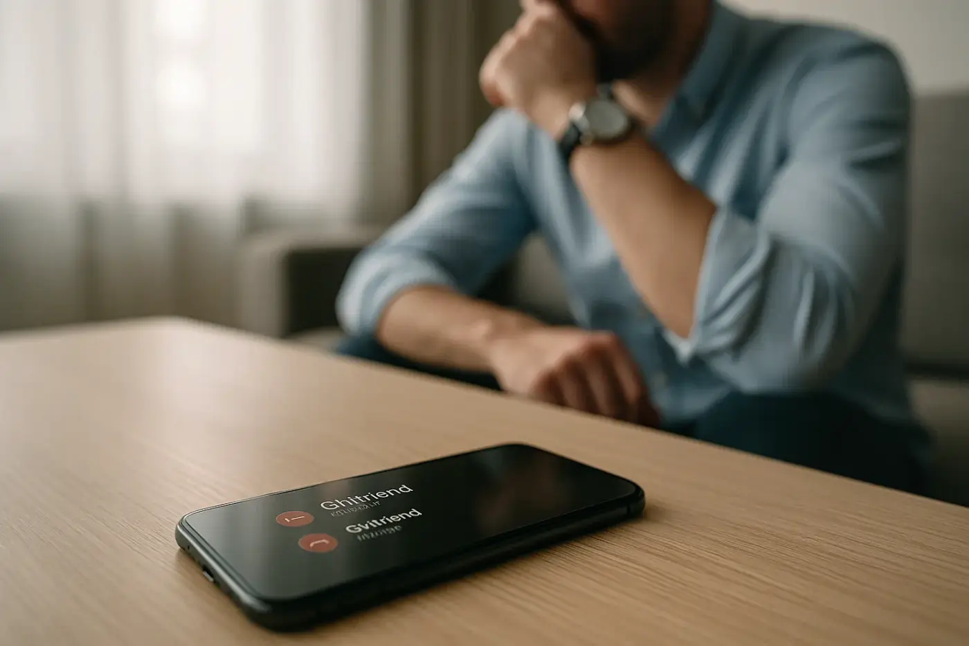 Primer plano de un teléfono móvil con llamadas perdidas de la novia mientras un hombre mira su reloj en segundo plano, simbolizando la importancia de las coartadas digitales en una relación.