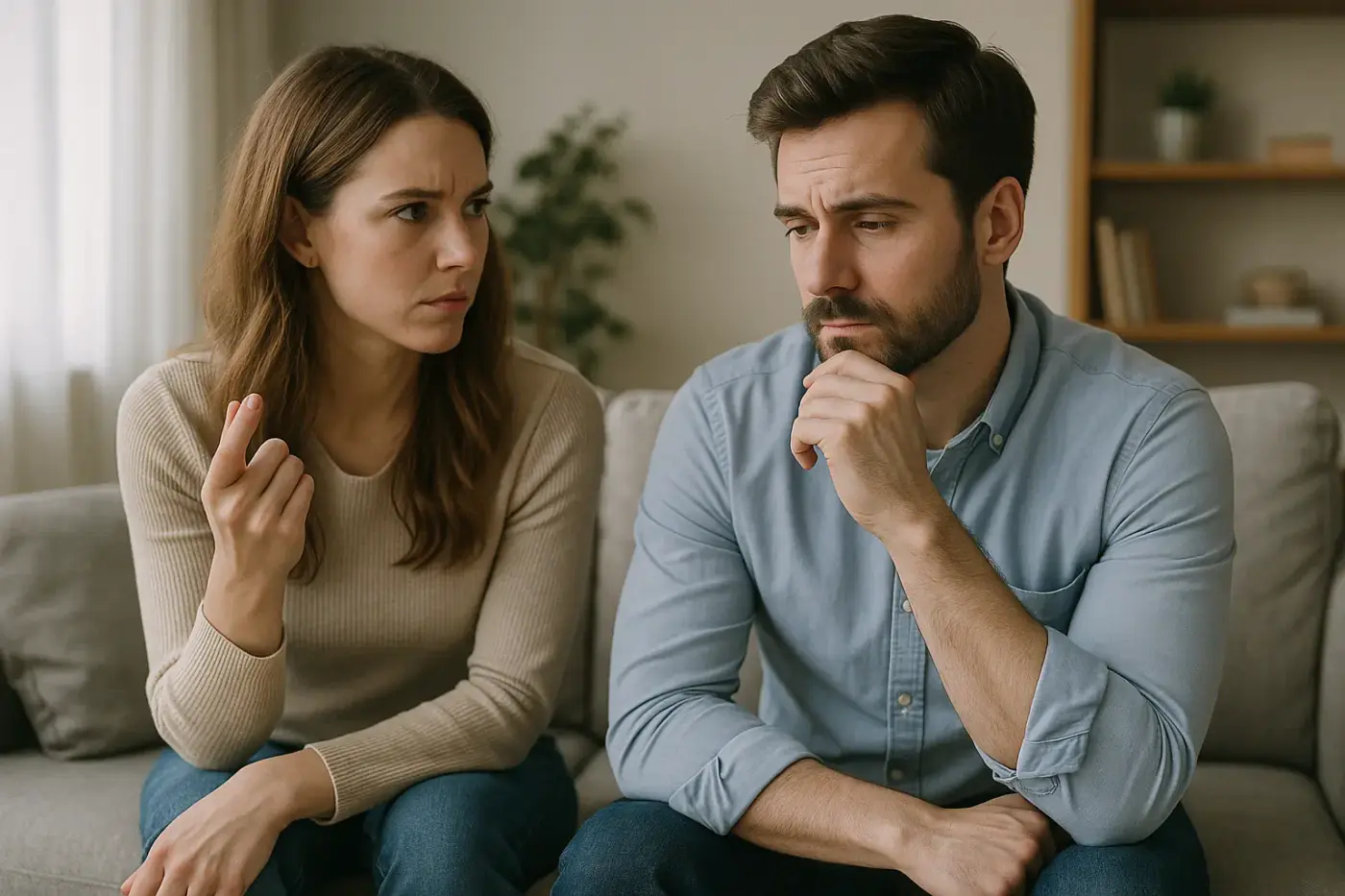 Mujer mirando con desconfianza a su pareja en el sofá mientras él piensa en una respuesta, simbolizando excusas para parejas.