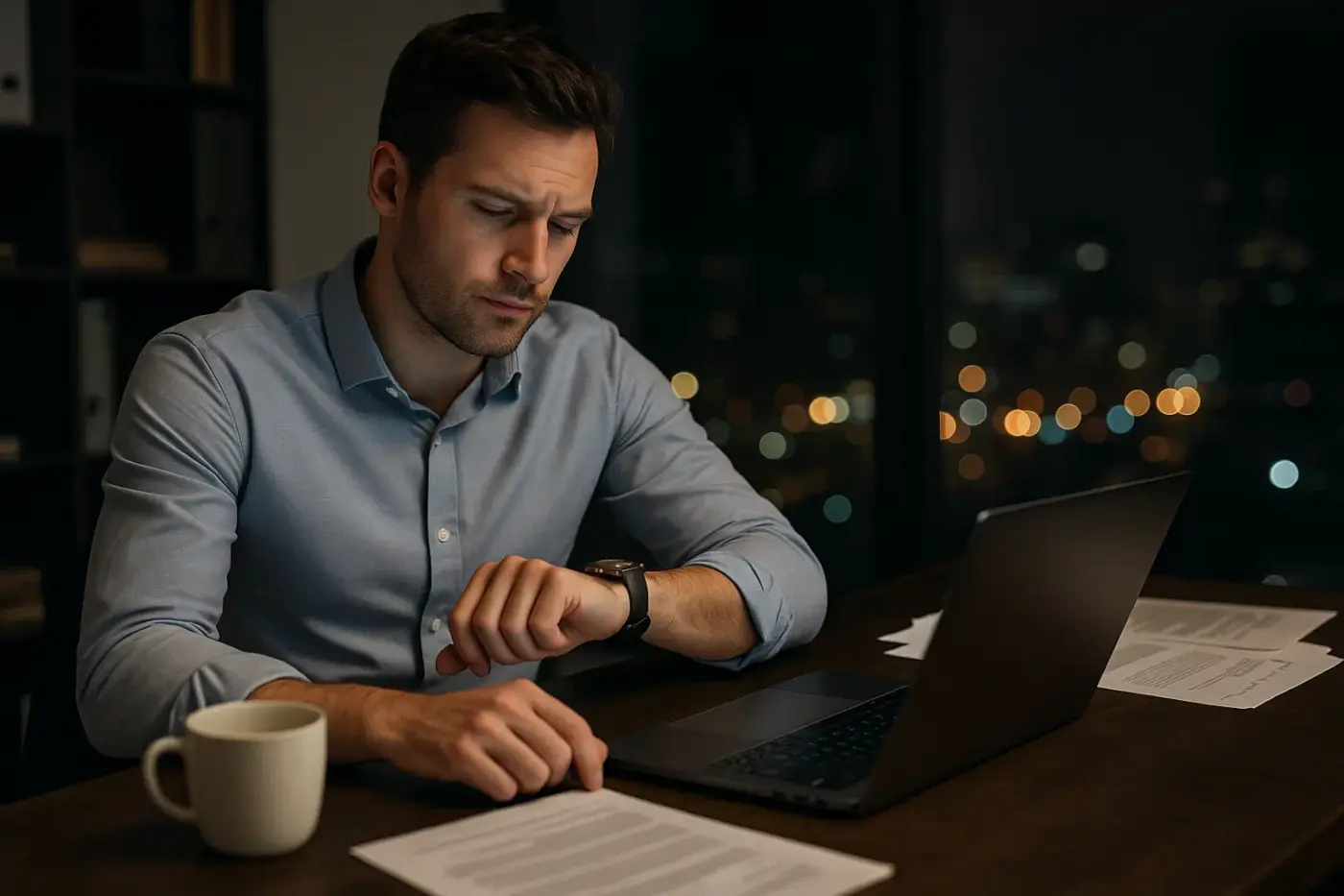Hombre trabajando de noche en la oficina con portátil, papeles y café mientras revisa su reloj, representando la típica excusa de “trabajo hasta tarde” en una relación.