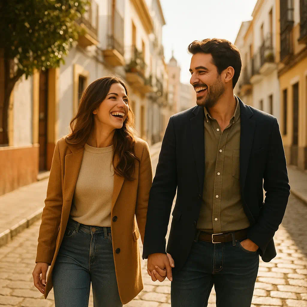 Excusas para pareja: Pareja española caminando de la mano por una calle soleada, riendo y mirándose con complicidad, simbolizando armonía y felicidad en la relación.