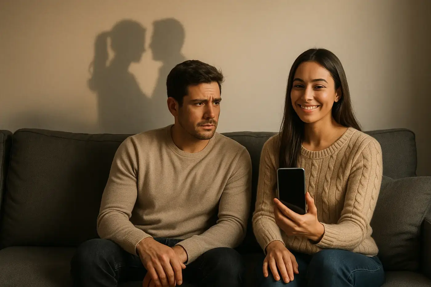 Pareja española en un sofá; él mira con duda mientras ella sonríe mostrando su móvil, con una sombra en la pared que insinúa otra relación, simbolizando excusas en pareja.