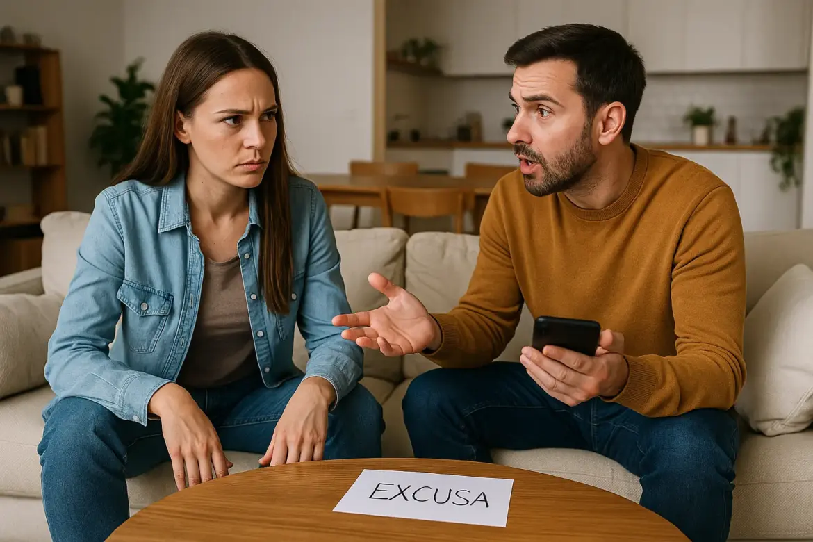 Mujer molesta mira a su pareja mientras él intenta defenderse con un móvil en la mano; en la mesa un papel con la palabra “excusa”, simbolizando discusiones en pareja.