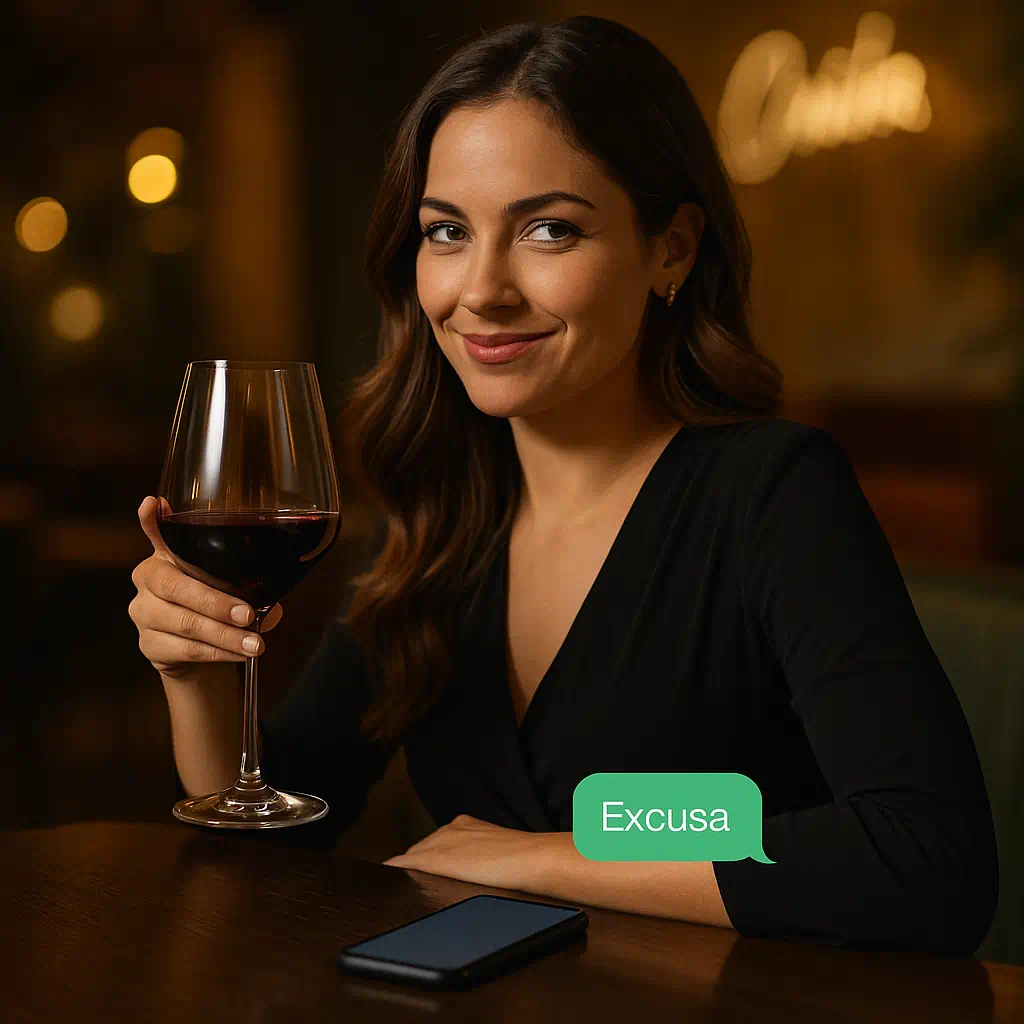 Mujer sonriente en un bar elegante con una copa de vino y su smartphone con notificaciones silenciadas de WhatsApp, simbolizando discreción y vida privada protegida.