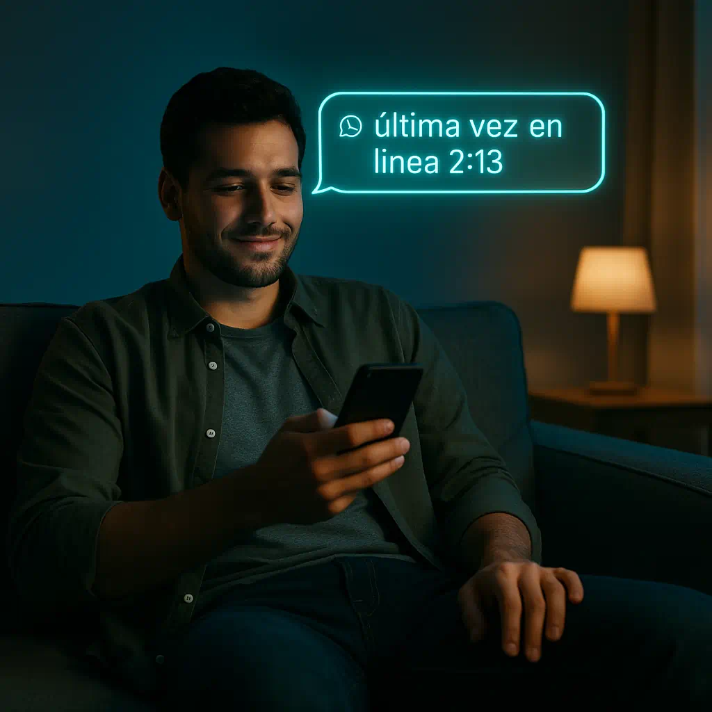 Hombre joven sentado en un sofá con su móvil, mientras un holograma brillante muestra “última vez en línea 2:13”, simbolizando excusas en WhatsApp.
