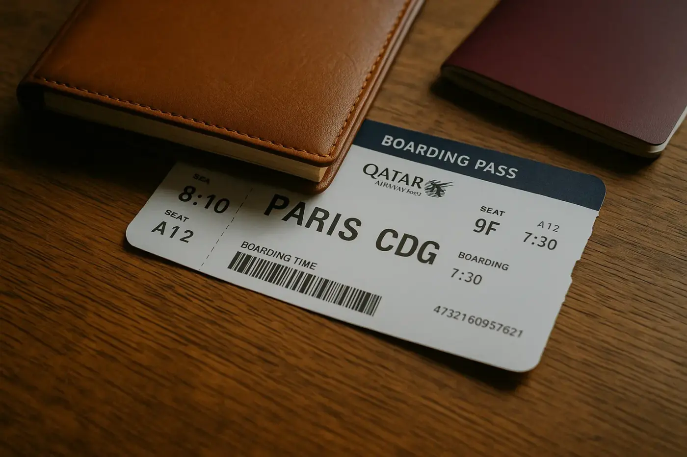 Billete de avión a París parcialmente cubierto por un cuaderno, junto a un pasaporte cerrado, simbolizando un viaje oculto como coartada.