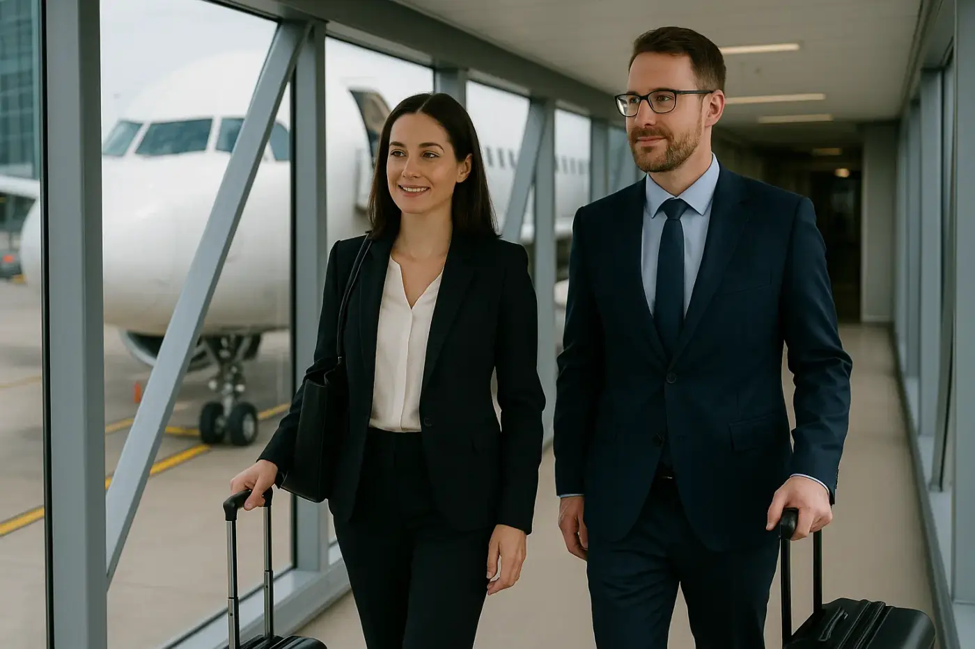 Pareja elegante con estilo de negocios caminando hacia el embarque en el aeropuerto – la coartada perfecta para excusas de viaje.