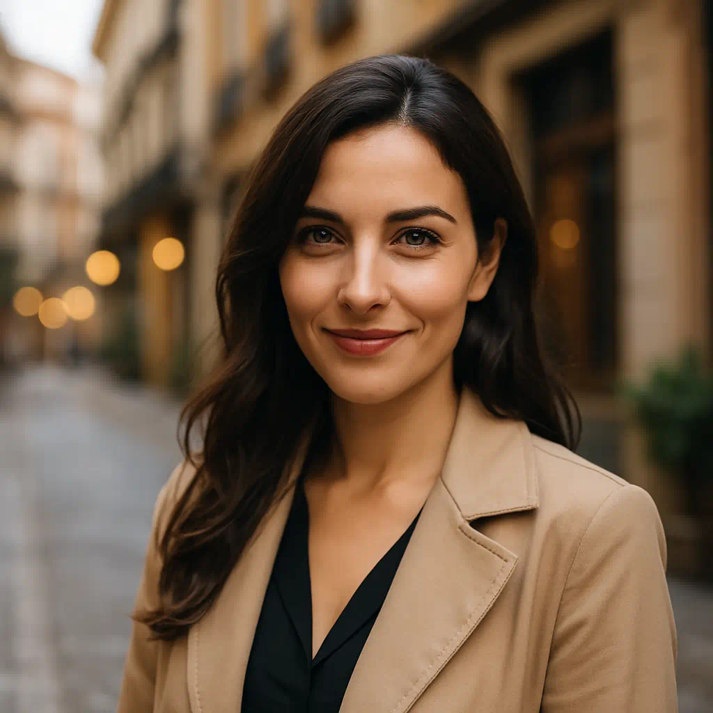 Mujer española sonriente en una calle urbana, con aire elegante y un toque de misterio, transmitiendo confianza y satisfacción como clienta del servicio.