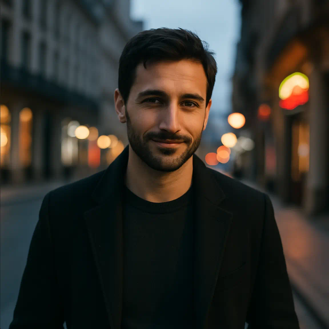 Hombre español sonriente en una calle iluminada, con expresión de confianza y un aire misterioso, simbolizando la satisfacción de un cliente discreto y feliz.