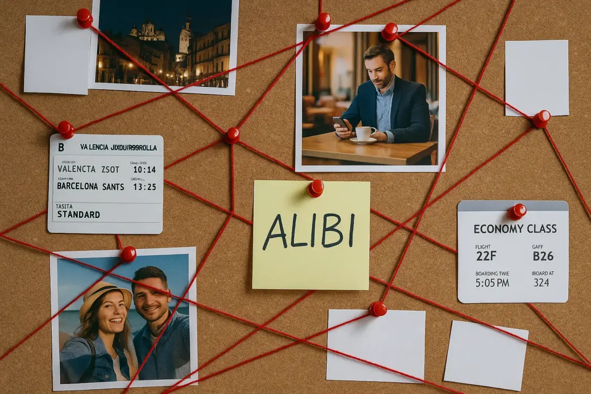 Excusas creíbles con pruebas: Tablero con fotos y documentos unidos por hilos rojos – símbolo de una coartada perfectamente construida.