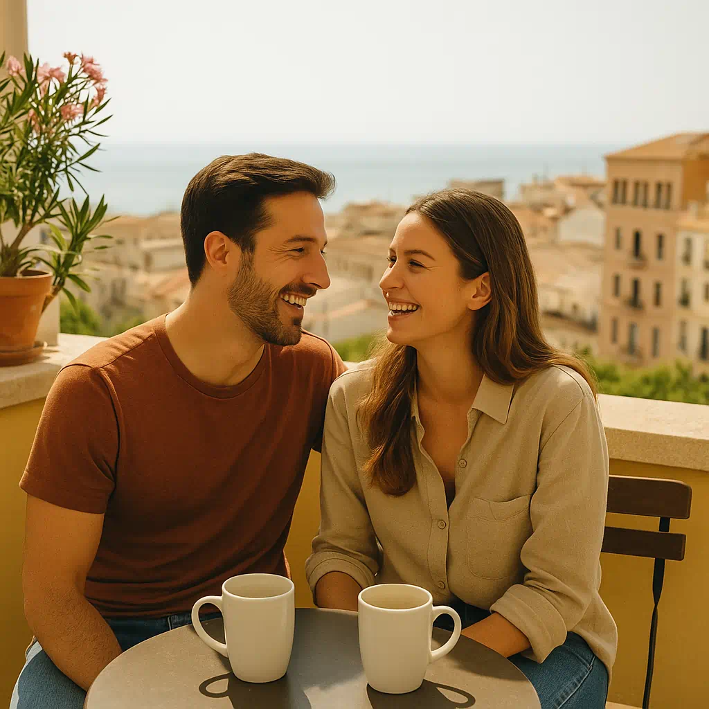 Pareja joven sonriendo en un balcón mediterráneo con vistas al mar y la ciudad, disfrutando de café y simbolizando intimidad y libertad personal