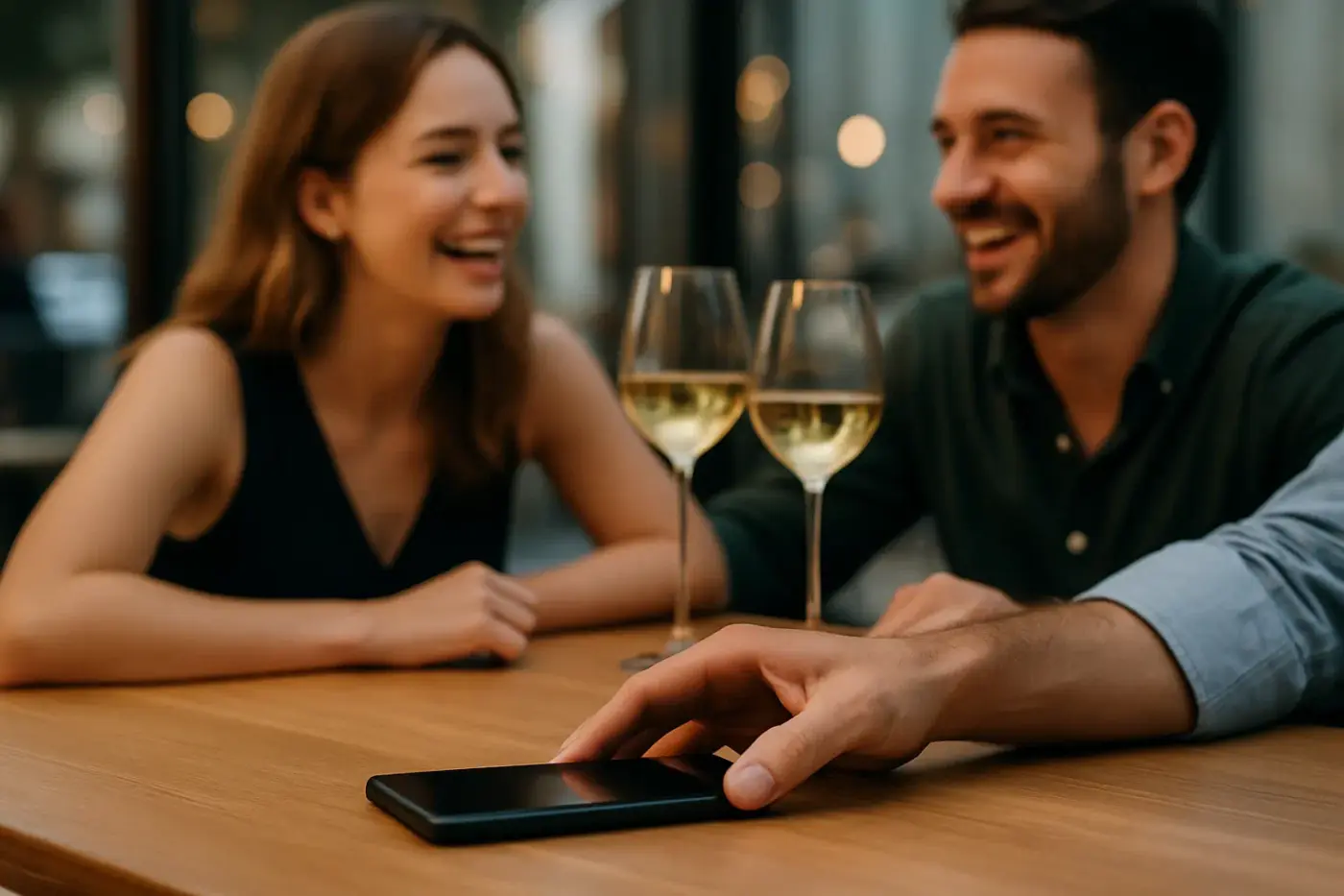 Mano colocando un smartphone sobre una mesa de madera mientras una pareja se ríe y conversa, simbolizando control digital y libertad en la vida personal.