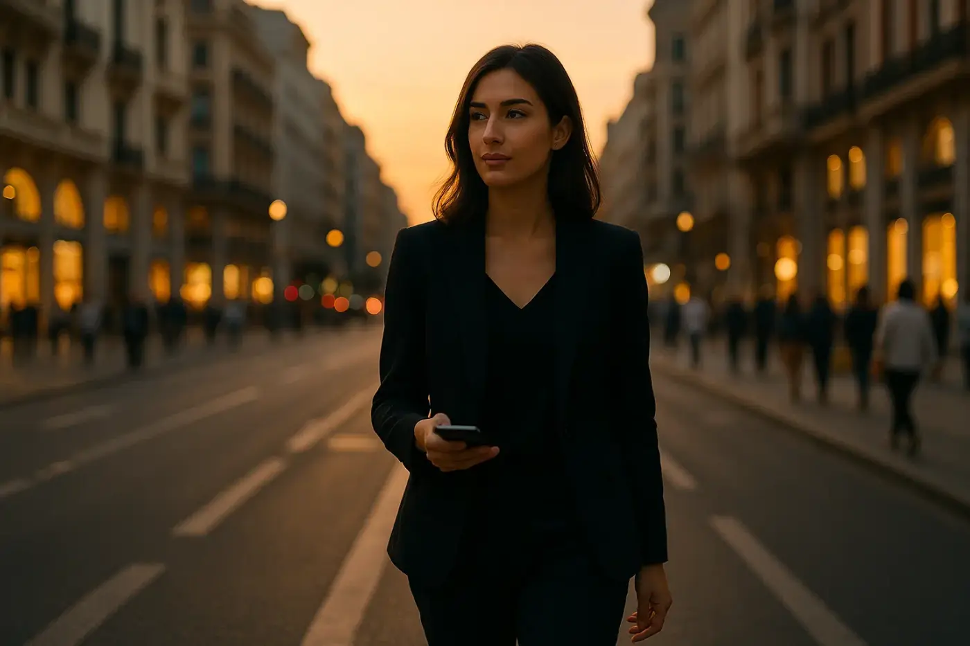 Mujer elegante caminando sola por la Gran Vía de Madrid al atardecer con un teléfono en la mano, simbolizando libertad personal en medio de la ciudad y Coartadas profesionales y empresariales.